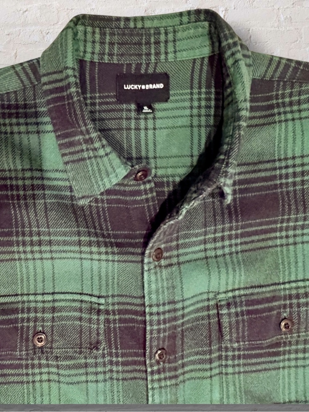 Lucky Brand Men’s XL Green Black Plaid Flannel Shirt Dual Pocket Button Up